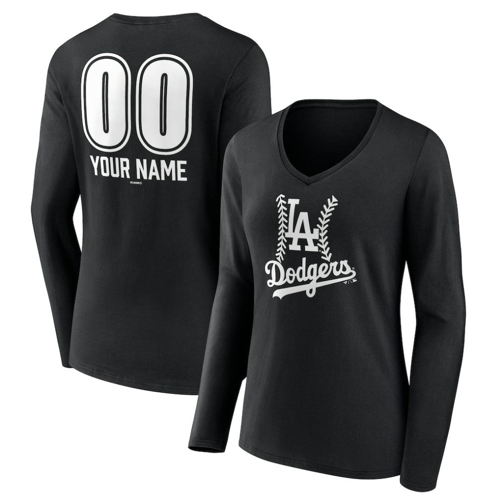 Los Angeles Dodgers Women's Personalized Name & Number Fastball Long Sleeve V-Neck T-Shirt - Black - MLB Discount