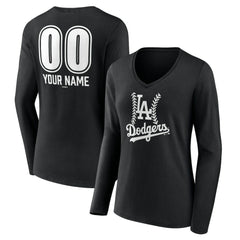 Los Angeles Dodgers Women's Personalized Name & Number Fastball Long Sleeve V-Neck T-Shirt - Black - MLB Discount