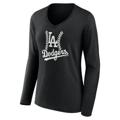 Los Angeles Dodgers Women's Personalized Name & Number Fastball Long Sleeve V-Neck T-Shirt - Black - MLB Discount