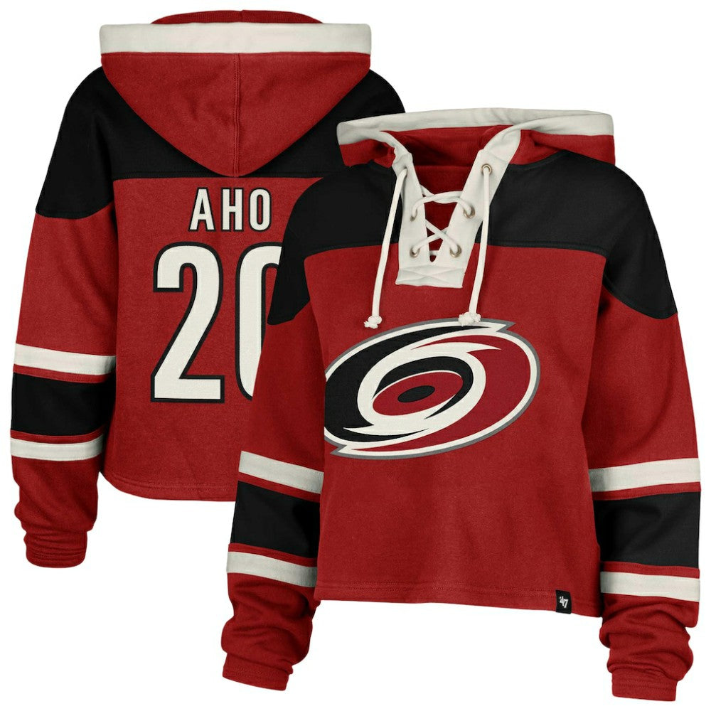 Sebastian Aho Carolina Hurricanes '47 Women's Superior Lacer Cropped Pullover Hoodie - Red - NHL 201253399