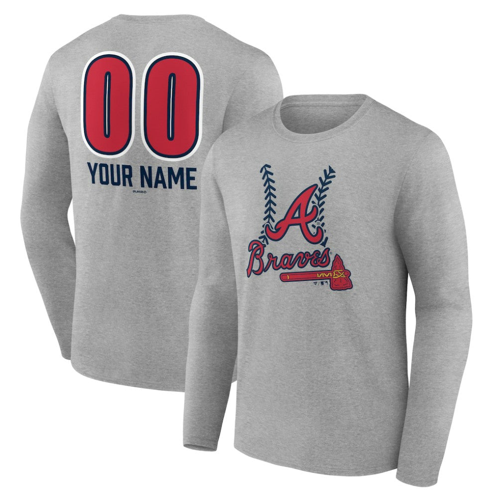 Atlanta Braves Personalized Name & Number Fastball Long Sleeve T-Shirt - Gray - MLB Lifestyle