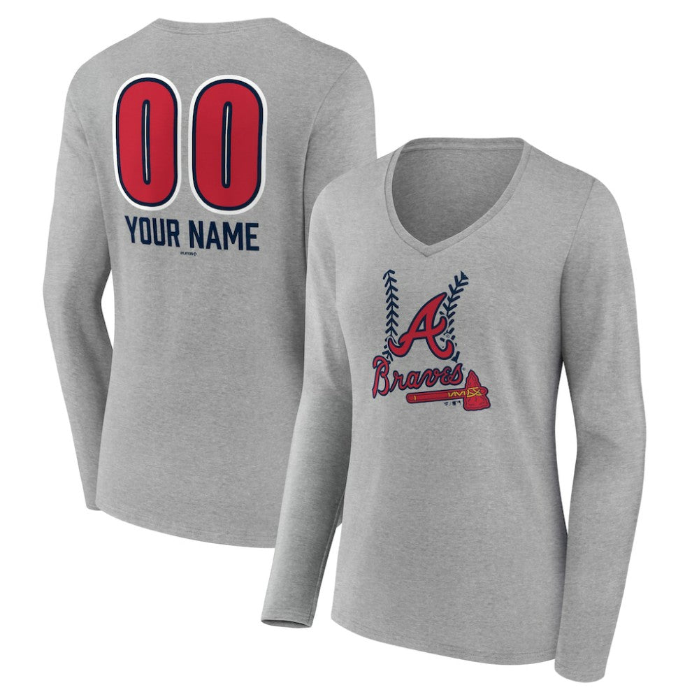 Atlanta Braves Women's Personalized Name & Number Fastball Long Sleeve V-Neck T-Shirt - Gray - MLB on Sale