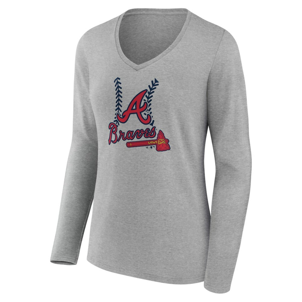 Atlanta Braves Women's Personalized Name & Number Fastball Long Sleeve V-Neck T-Shirt - Gray - MLB on Sale