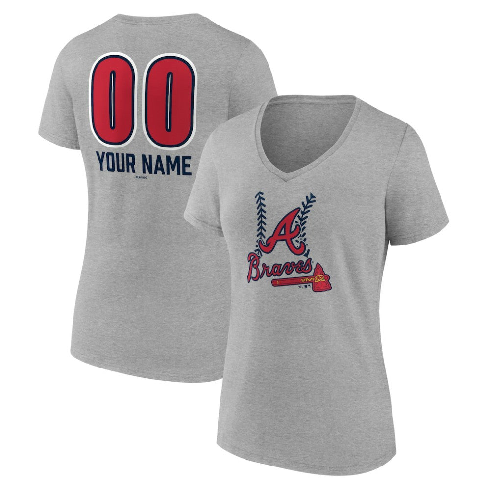 Atlanta Braves Women's Personalized Name & Number Fastball V-Neck T-Shirt - Gray - MLB Sale