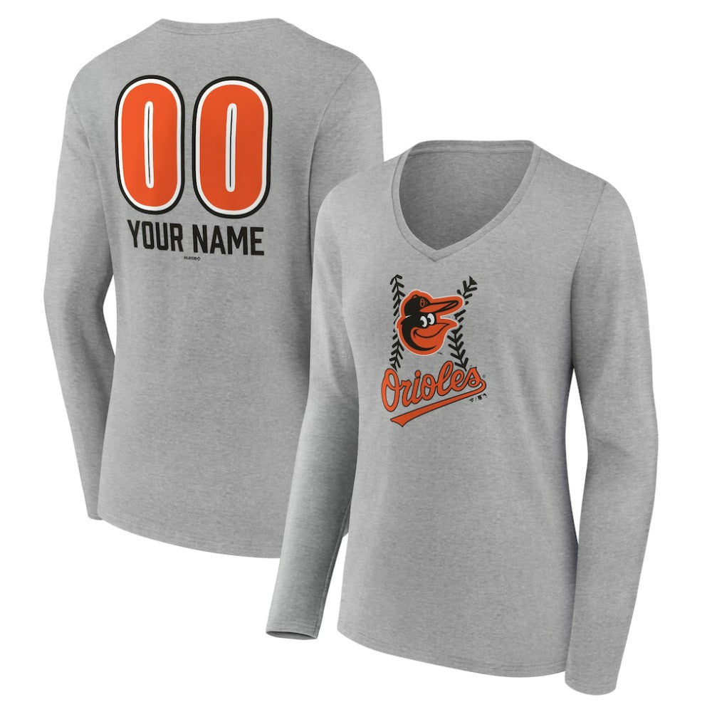Baltimore Orioles Women's Personalized Name & Number Fastball Long Sleeve V-Neck T-Shirt - Gray - MLB on Sale