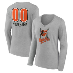 Baltimore Orioles Women's Personalized Name & Number Fastball Long Sleeve V-Neck T-Shirt - Gray - MLB on Sale