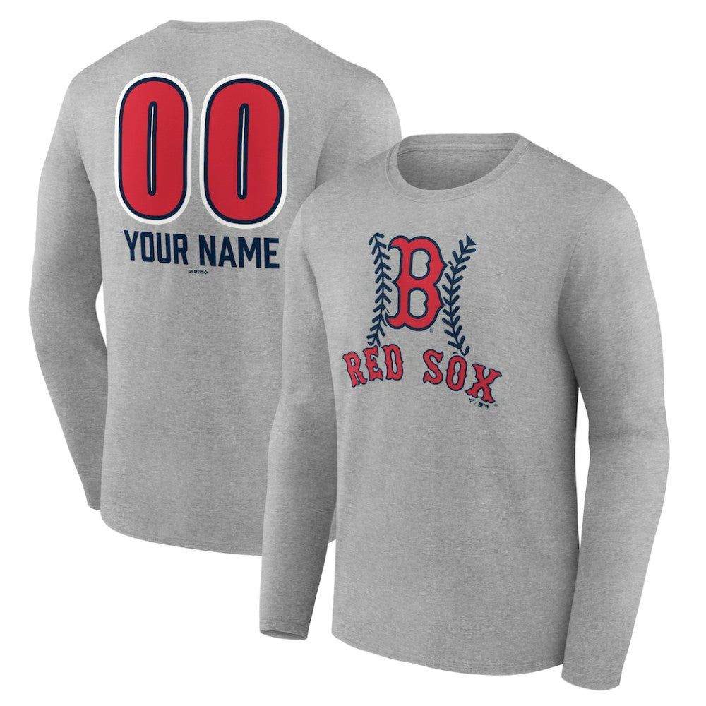 Boston Red Sox Personalized Name & Number Fastball Long Sleeve T-Shirt - Gray - MLB Sale