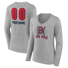 Boston Red Sox Women's Personalized Name & Number Fastball Long Sleeve V-Neck T-Shirt - Gray - MLB on Sale