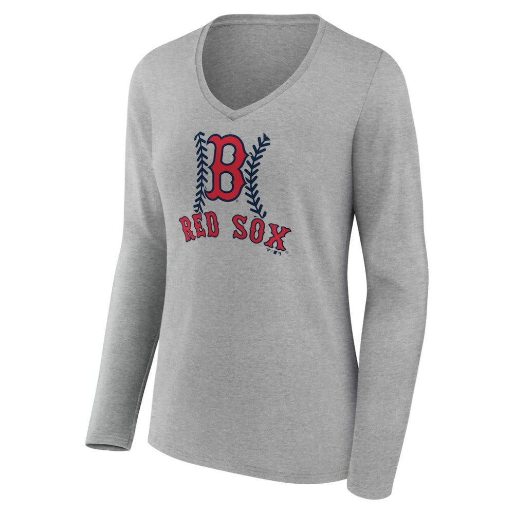 Boston Red Sox Women's Personalized Name & Number Fastball Long Sleeve V-Neck T-Shirt - Gray - MLB on Sale
