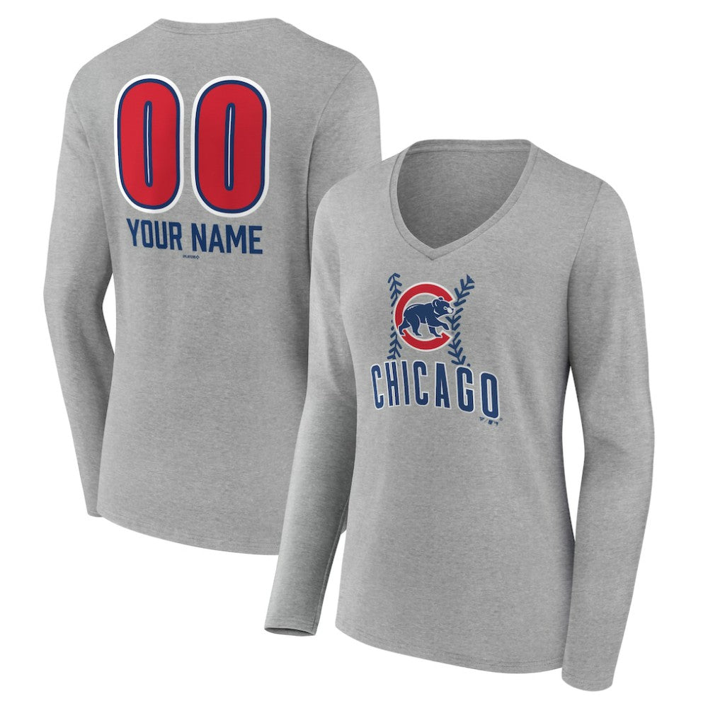 Chicago Cubs Women's Personalized Name & Number Fastball Long Sleeve V-Neck T-Shirt - Gray - MLB Lifestyle
