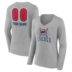 Chicago Cubs Women's Personalized Name & Number Fastball Long Sleeve V-Neck T-Shirt - Gray - MLB Lifestyle