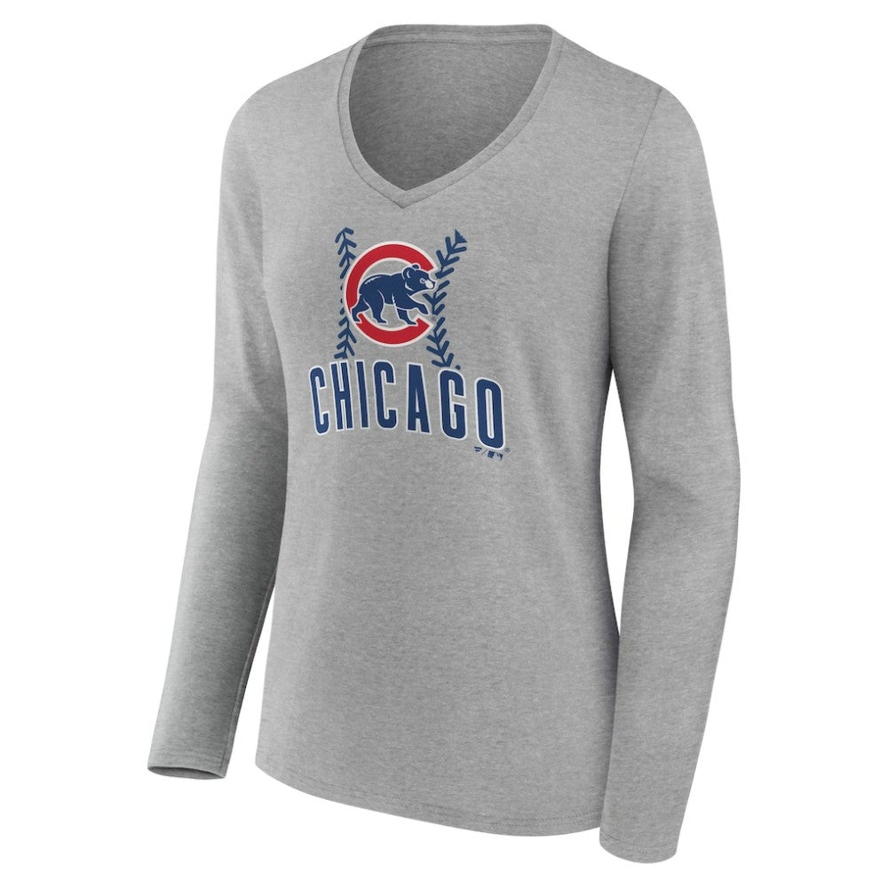 Chicago Cubs Women's Personalized Name & Number Fastball Long Sleeve V-Neck T-Shirt - Gray - MLB Lifestyle