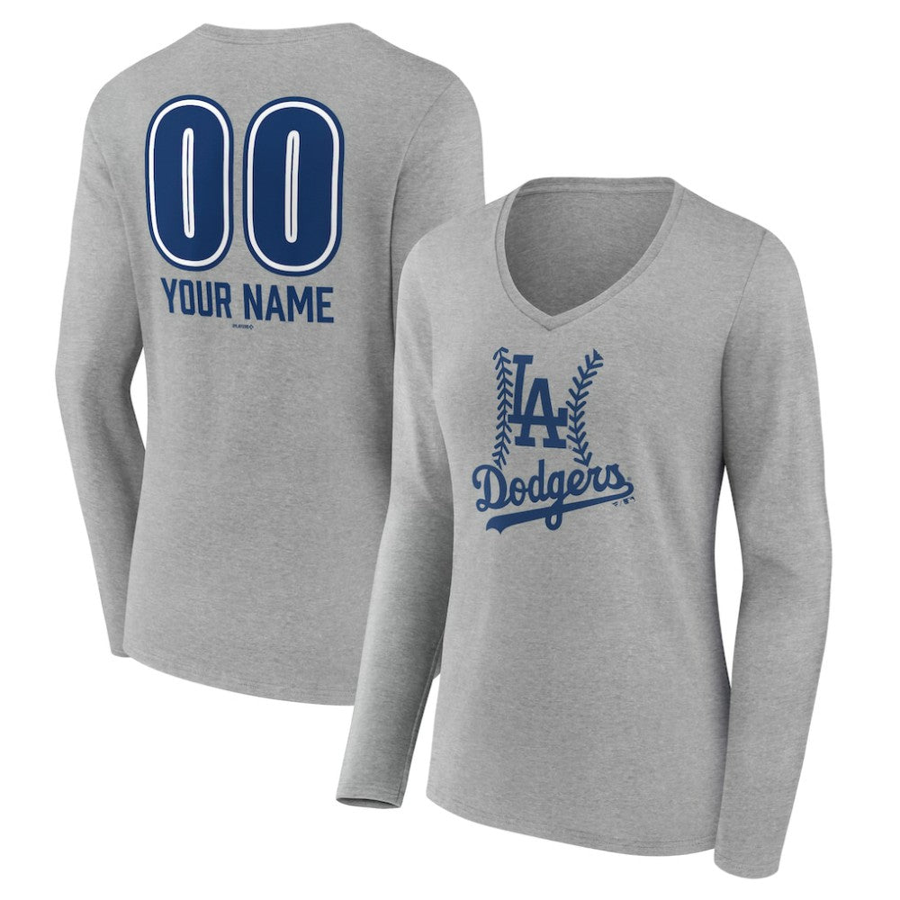 Los Angeles Dodgers Women's Personalized Name & Number Fastball Long Sleeve V-Neck T-Shirt - Gray - MLB Lifestyle