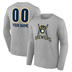 Milwaukee Brewers Personalized Name & Number Fastball Long Sleeve T-Shirt - Gray - MLB Discount