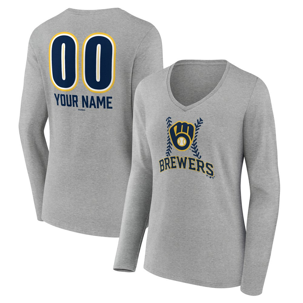 Milwaukee Brewers Women's Personalized Name & Number Fastball Long Sleeve V-Neck T-Shirt - Gray - MLB Lifestyle