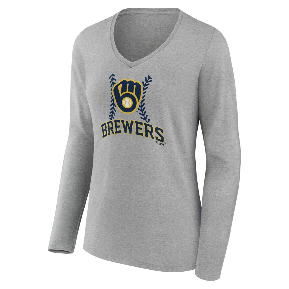 Milwaukee Brewers Women's Personalized Name & Number Fastball Long Sleeve V-Neck T-Shirt - Gray - MLB Lifestyle