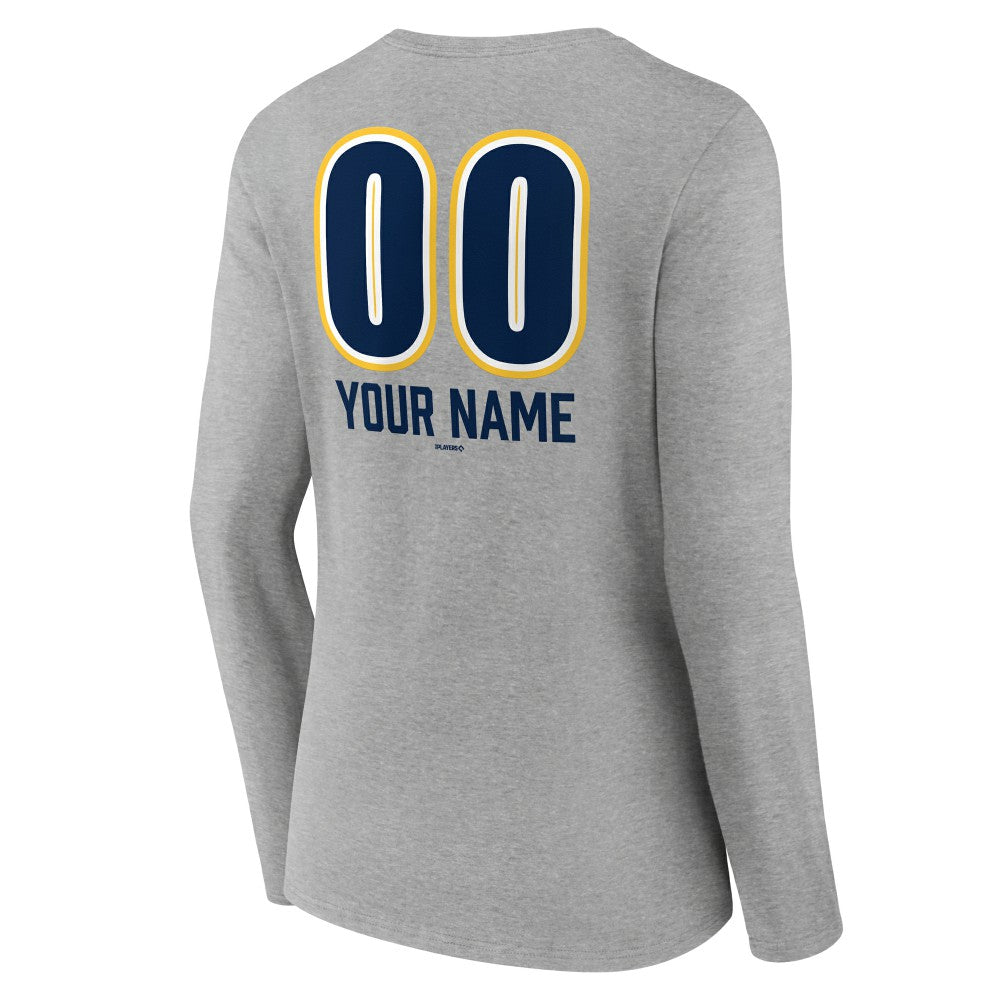 Milwaukee Brewers Women's Personalized Name & Number Fastball Long Sleeve V-Neck T-Shirt - Gray - MLB Lifestyle