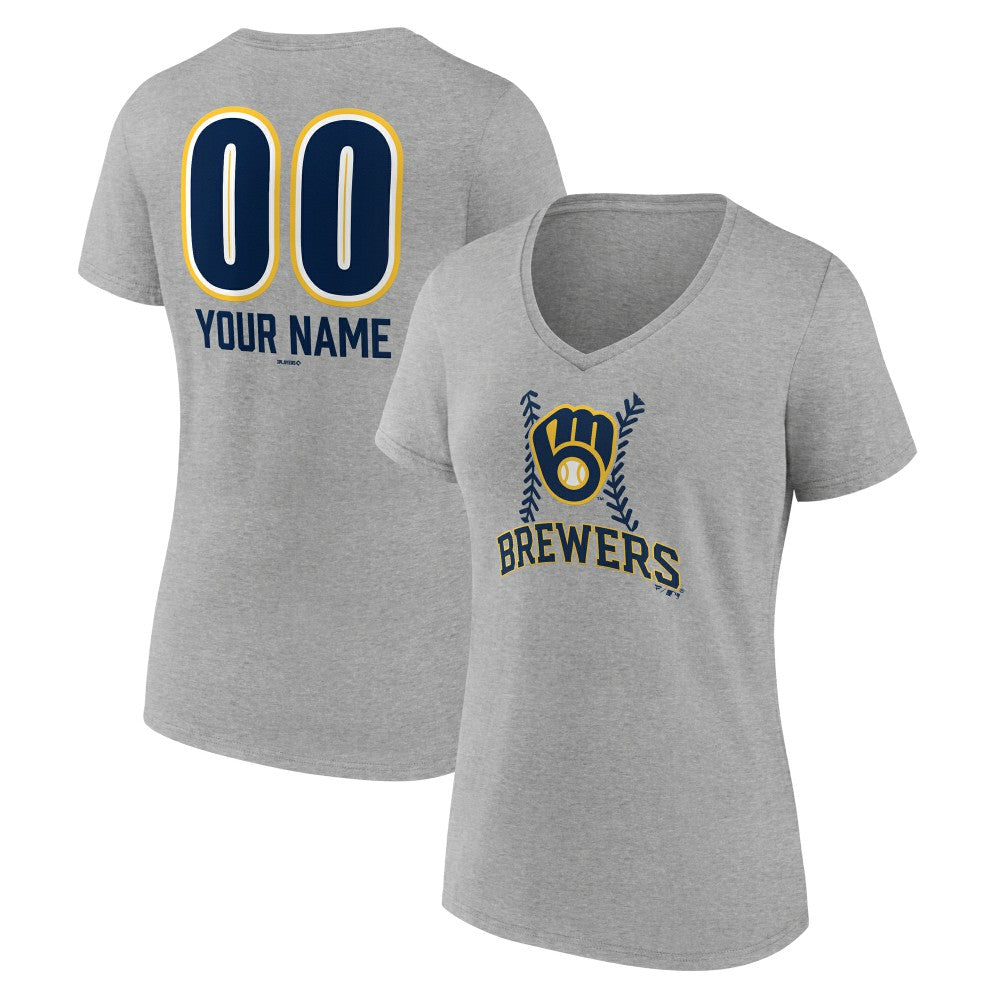 Milwaukee Brewers Women's Personalized Name & Number Fastball V-Neck T-Shirt - Gray - MLB Discount