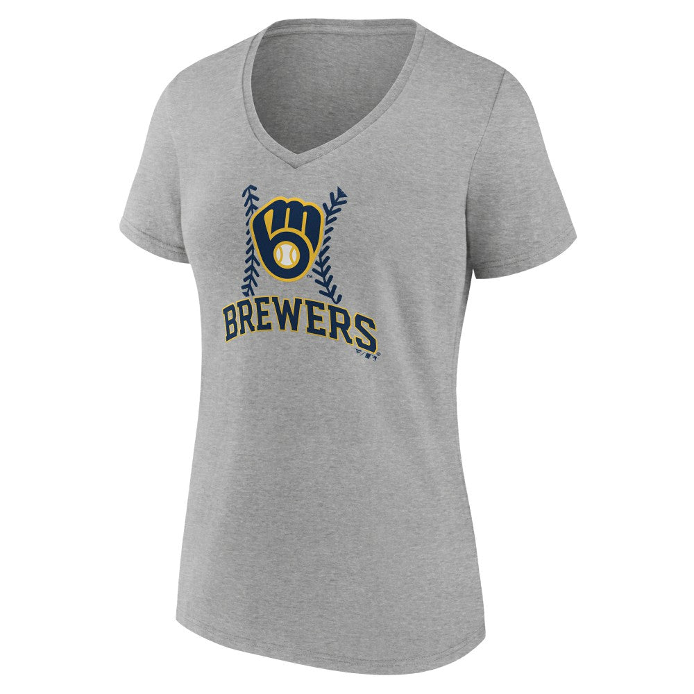 Milwaukee Brewers Women's Personalized Name & Number Fastball V-Neck T-Shirt - Gray - MLB Discount