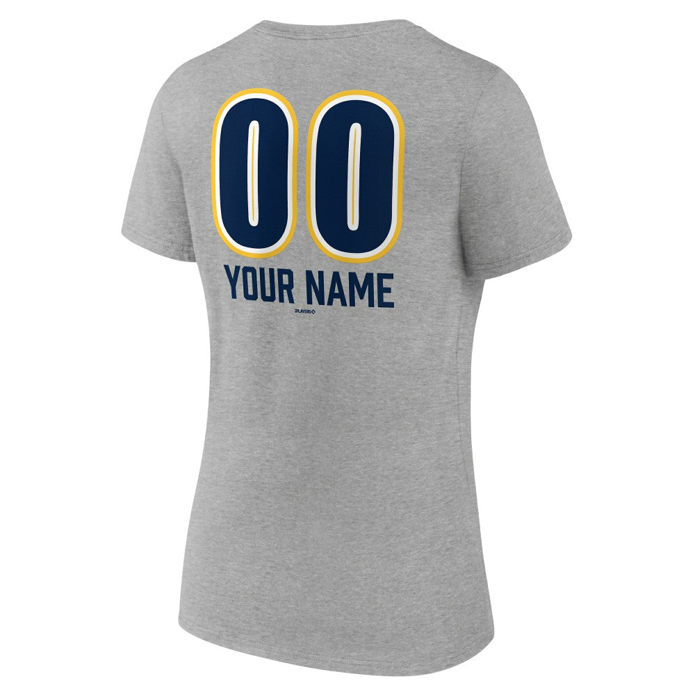 Milwaukee Brewers Women's Personalized Name & Number Fastball V-Neck T-Shirt - Gray - MLB Discount