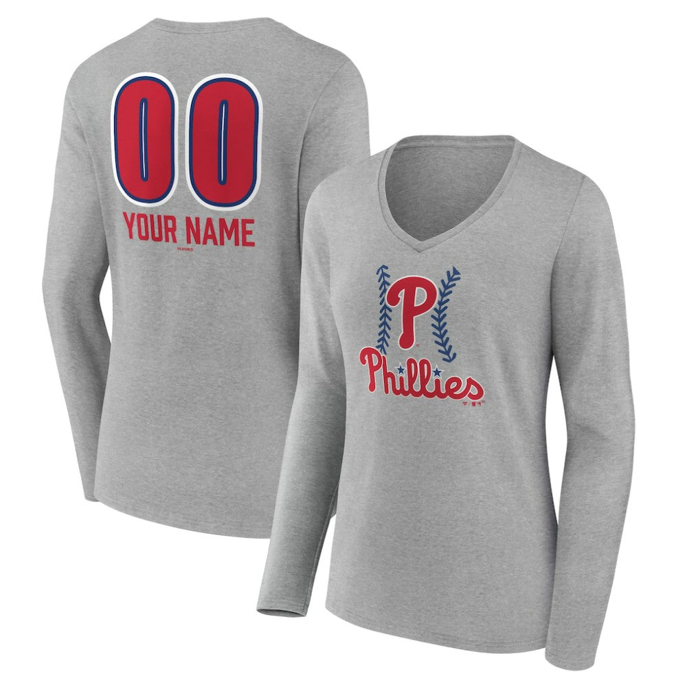 Philadelphia Phillies Women's Personalized Name & Number Fastball Long Sleeve V-Neck T-Shirt - Gray - MLB on Sale