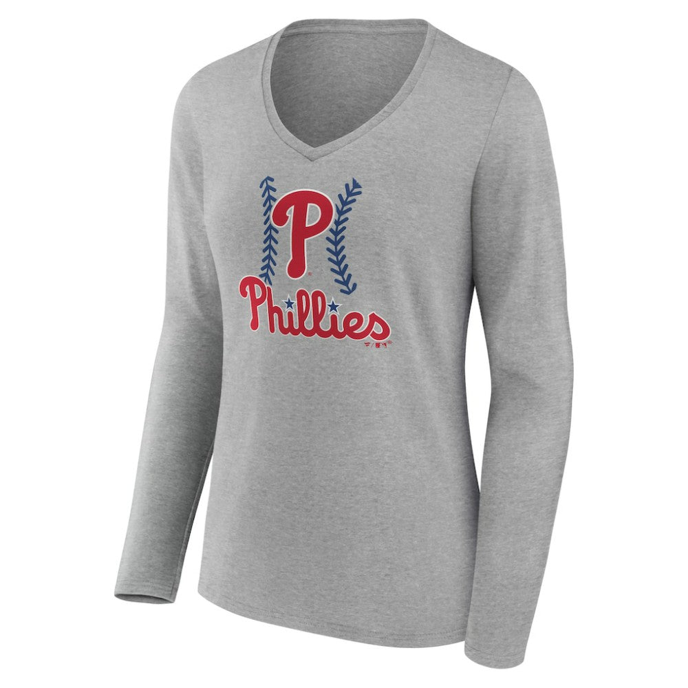 Philadelphia Phillies Women's Personalized Name & Number Fastball Long Sleeve V-Neck T-Shirt - Gray - MLB on Sale
