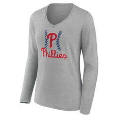 Philadelphia Phillies Women's Personalized Name & Number Fastball Long Sleeve V-Neck T-Shirt - Gray - MLB on Sale