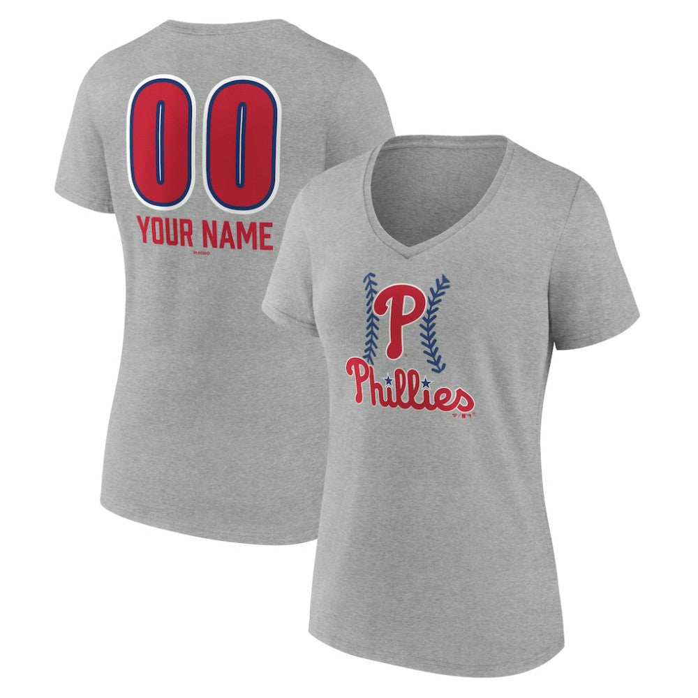 Philadelphia Phillies Women's Personalized Name & Number Fastball V-Neck T-Shirt - Gray - MLB Discount