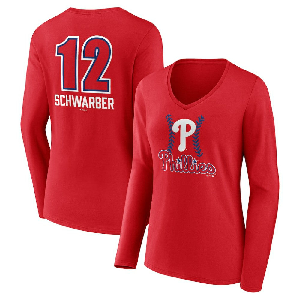 Kyle Schwarber Philadelphia Phillies Women's Fastball Player Name & Number Long Sleeve V-Neck T-Shirt - Red - MLB Discount