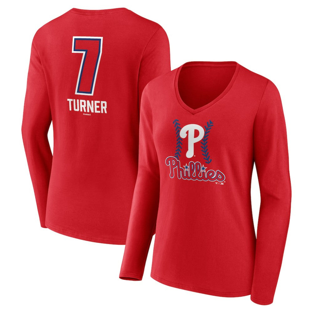 Trea Turner Philadelphia Phillies Women's Fastball Player Name & Number Long Sleeve V-Neck T-Shirt - Red - MLB Lifestyle