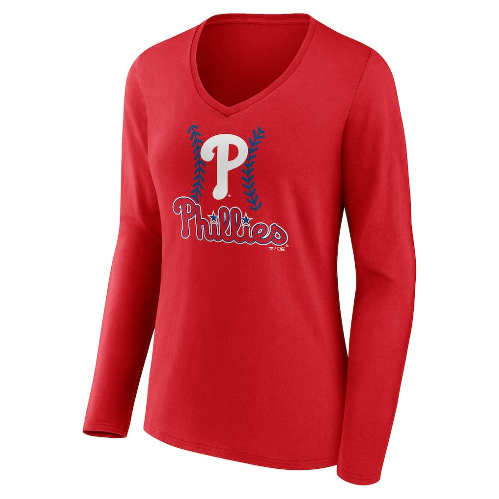 Trea Turner Philadelphia Phillies Women's Fastball Player Name & Number Long Sleeve V-Neck T-Shirt - Red - MLB Lifestyle
