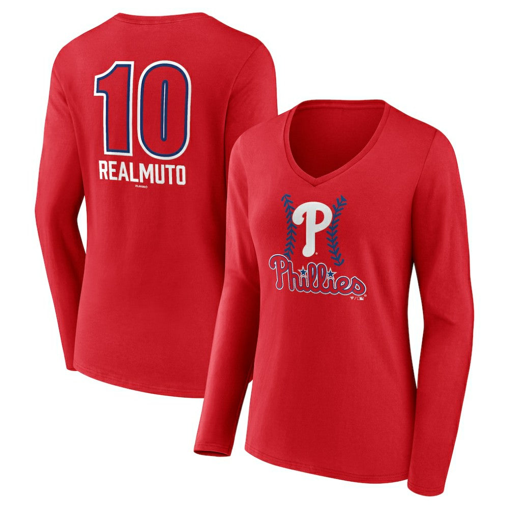 J.T. Realmuto Philadelphia Phillies Women's Fastball Player Name & Number Long Sleeve V-Neck T-Shirt - Red - MLB Sale