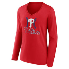 J.T. Realmuto Philadelphia Phillies Women's Fastball Player Name & Number Long Sleeve V-Neck T-Shirt - Red - MLB Sale