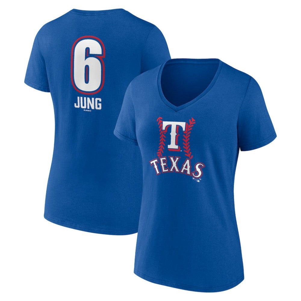 Josh Jung Texas Rangers Women's Fastball Player Name & Number V-Neck T-Shirt - Royal - MLB Lifestyle