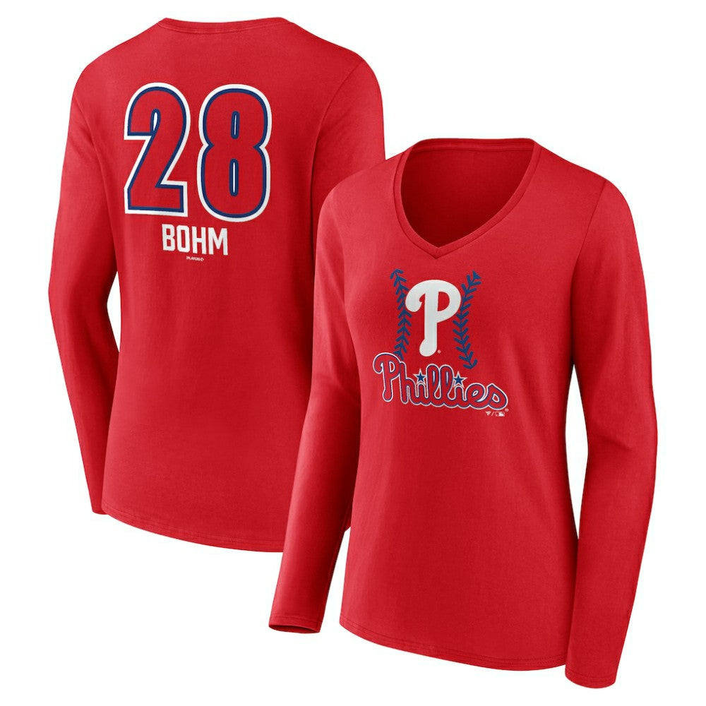 Alec Bohm Philadelphia Phillies Women's Fastball Player Name & Number Long Sleeve V-Neck T-Shirt - Red - MLB Lifestyle