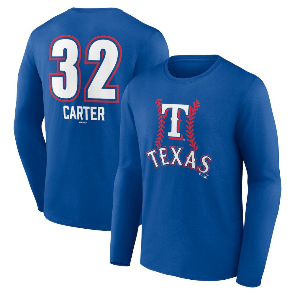 Evan Carter Texas Rangers Fastball Player Name & Number Long Sleeve T-Shirt - Royal - MLB Lifestyle