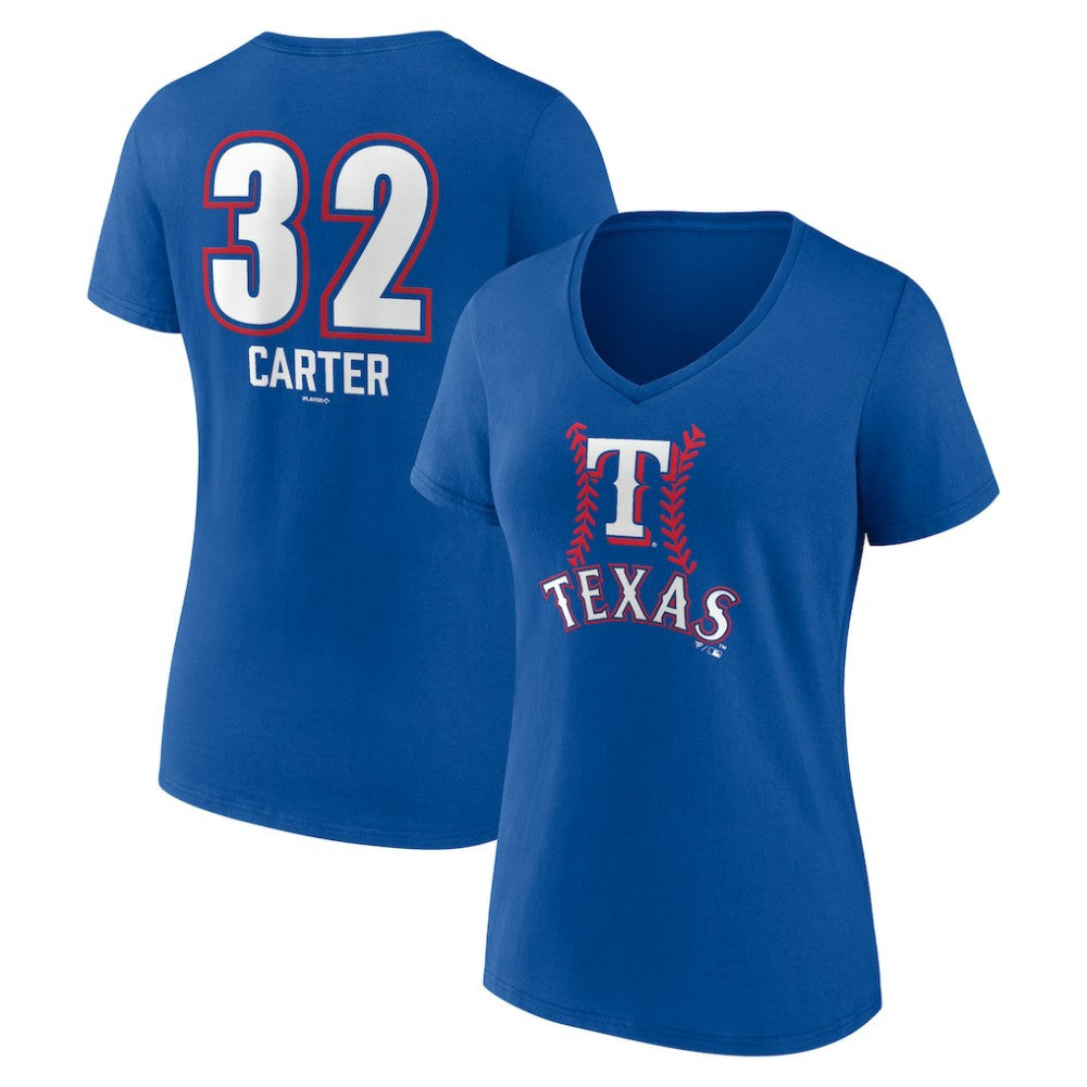 Evan Carter Texas Rangers Women's Fastball Player Name & Number V-Neck T-Shirt - Royal - MLB Lifestyle