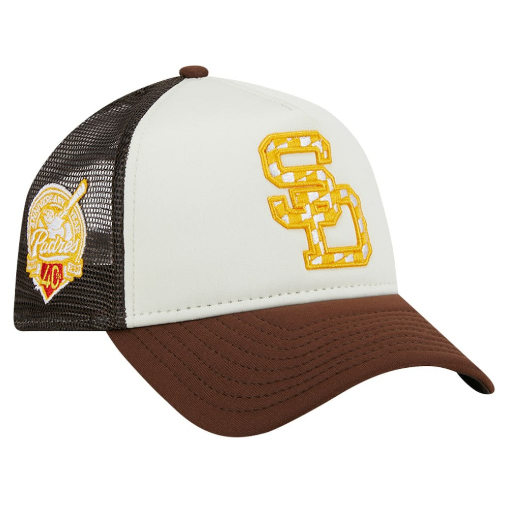 San Diego Padres New Era Checkered Flag A-Frame Trucker 9FORTY Adjustable Hat - White/Brown - New Era Sale