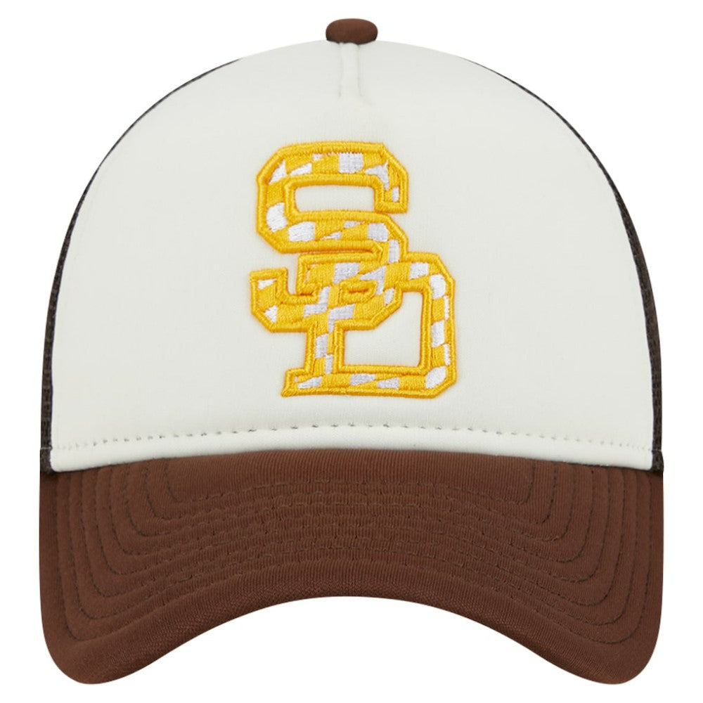 San Diego Padres New Era Checkered Flag A-Frame Trucker 9FORTY Adjustable Hat - White/Brown - New Era Sale