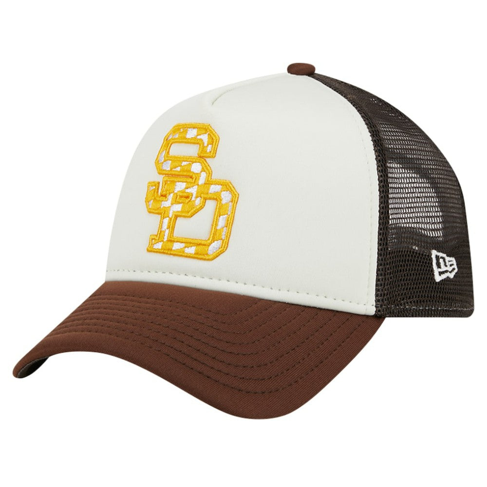 San Diego Padres New Era Checkered Flag A-Frame Trucker 9FORTY Adjustable Hat - White/Brown - New Era Sale