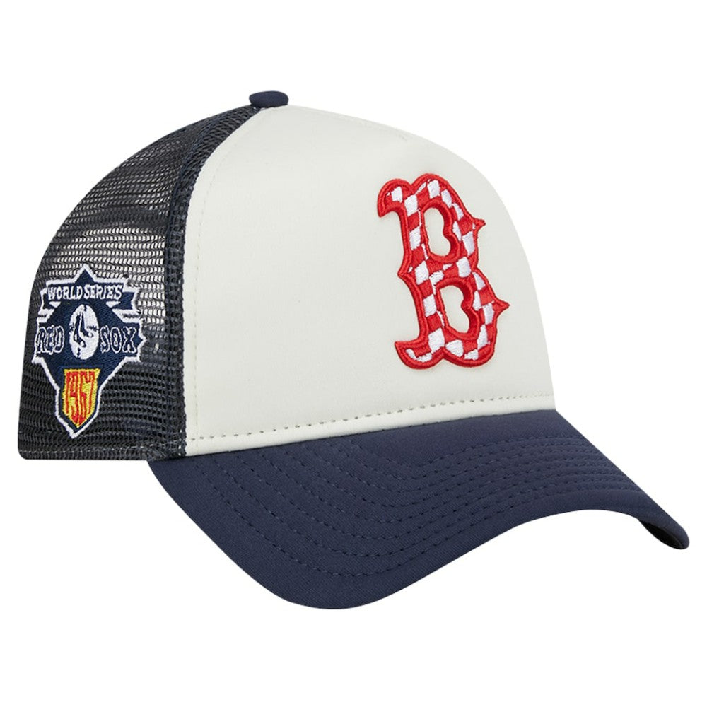 Boston Red Sox New Era Checkered Flag A-Frame Trucker 9FORTY Adjustable Hat - White/Navy - New Era Discount