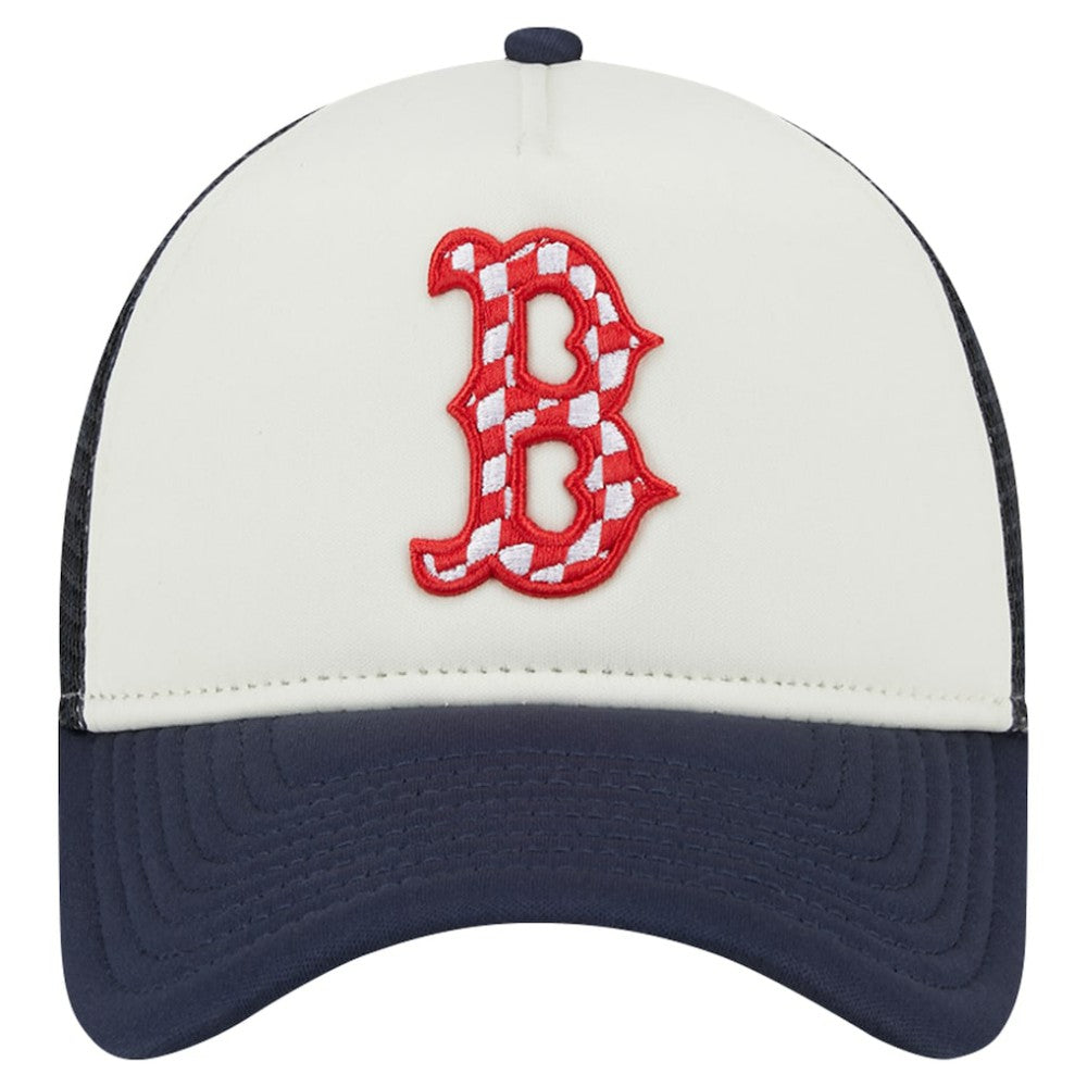 Boston Red Sox New Era Checkered Flag A-Frame Trucker 9FORTY Adjustable Hat - White/Navy - New Era Discount