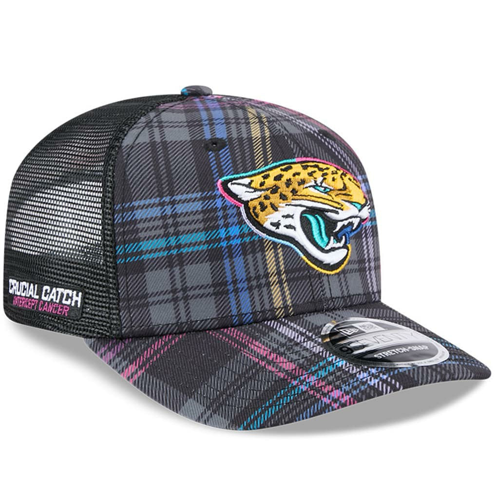 Jacksonville Jaguars New Era 2024 NFL Crucial Catch Plaid 9SEVENTY Trucker Snapback Hat Black