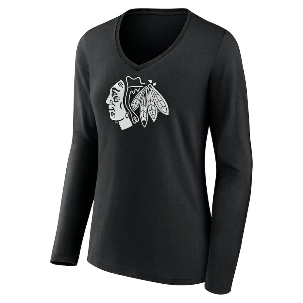 Chicago Blackhawks Women's Personalized Name & Number Monochrome Long Sleeve V-Neck T-Shirt - Black - NHL 201281455