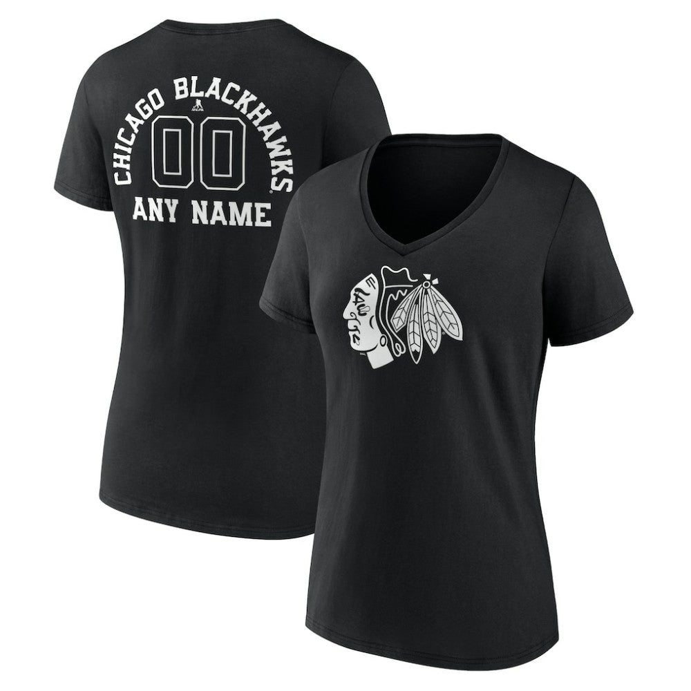 Chicago Blackhawks Women's Personalized Name & Number Monochrome V-Neck T-Shirt - Black - NHL 201281457