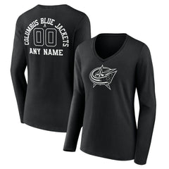 Columbus Blue Jackets Women's Personalized Name & Number Monochrome Long Sleeve V-Neck T-Shirt - Black - NHL 201281467