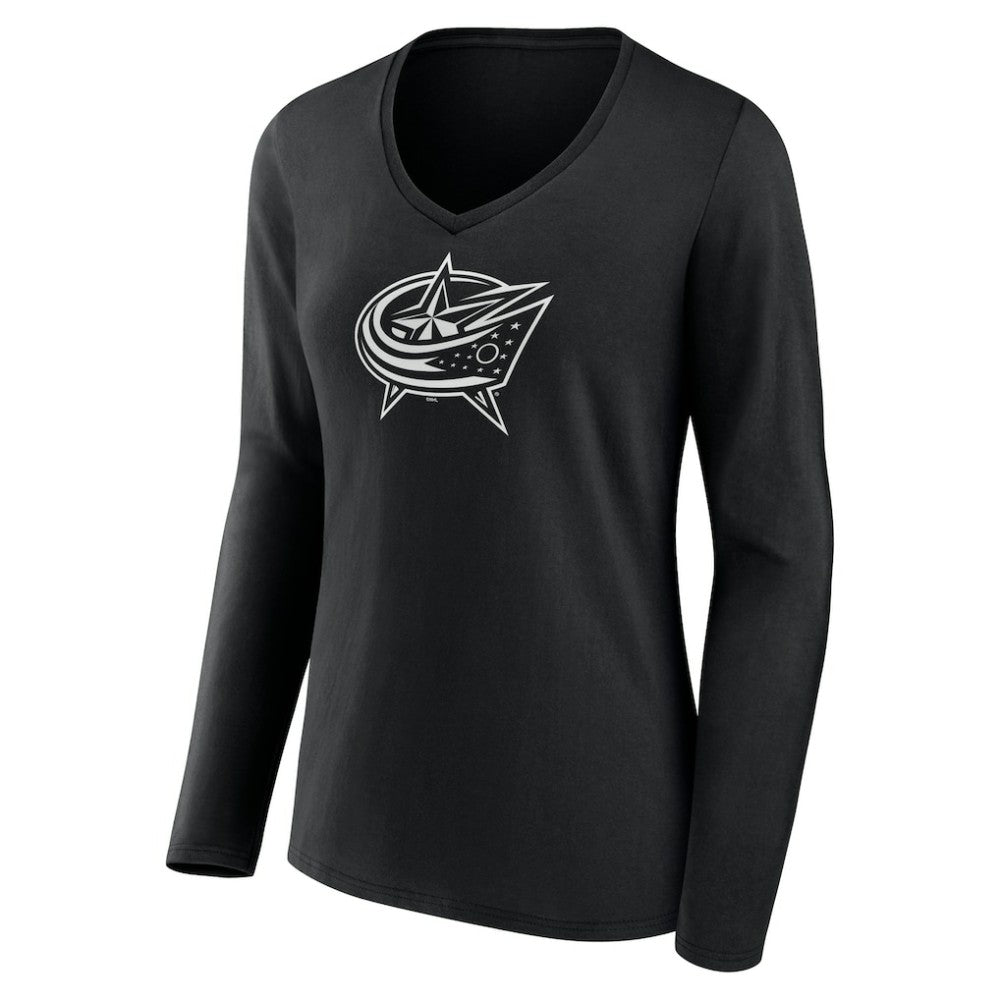 Columbus Blue Jackets Women's Personalized Name & Number Monochrome Long Sleeve V-Neck T-Shirt - Black - NHL 201281467