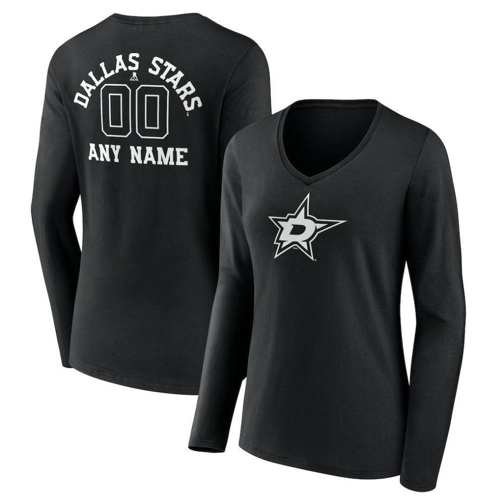 Dallas Stars Women's Personalized Name & Number Monochrome Long Sleeve V-Neck T-Shirt - Black - NHL 201281473