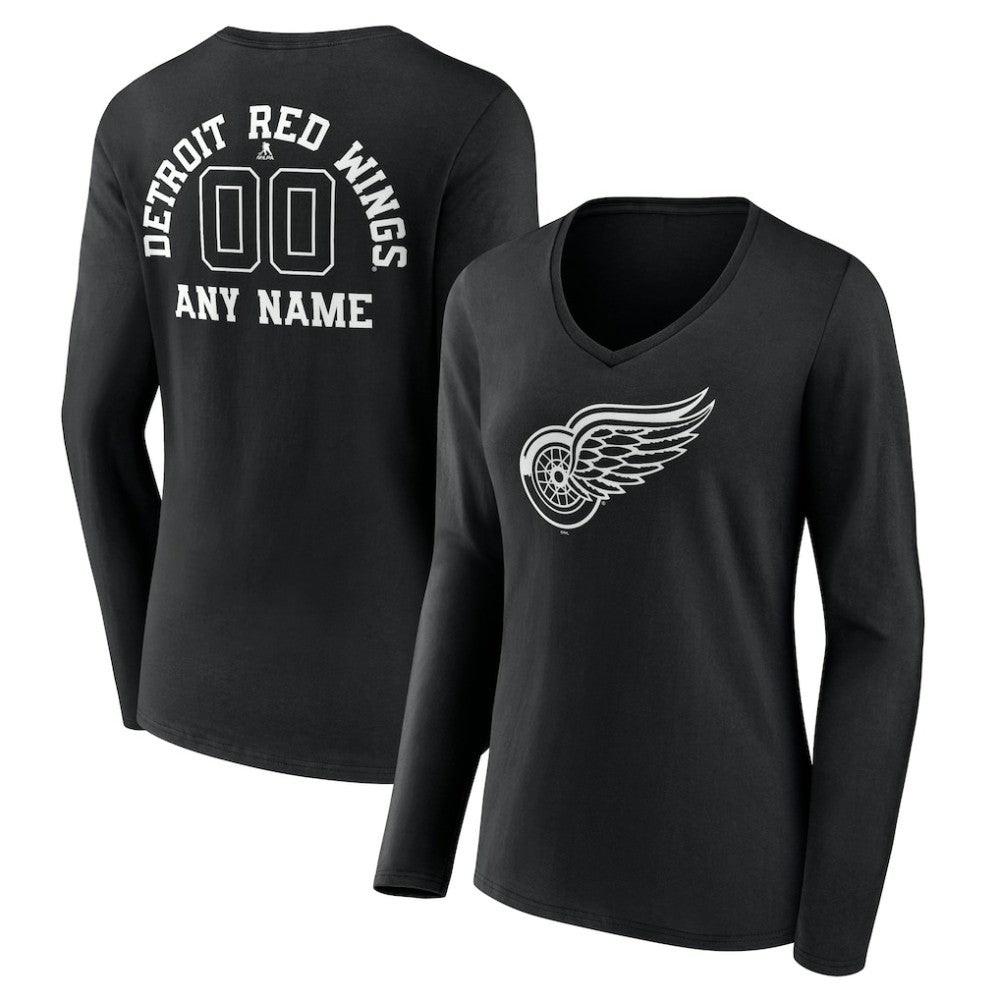 Detroit Red Wings Women's Personalized Name & Number Monochrome Long Sleeve V-Neck T-Shirt - Black - NHL 201281479