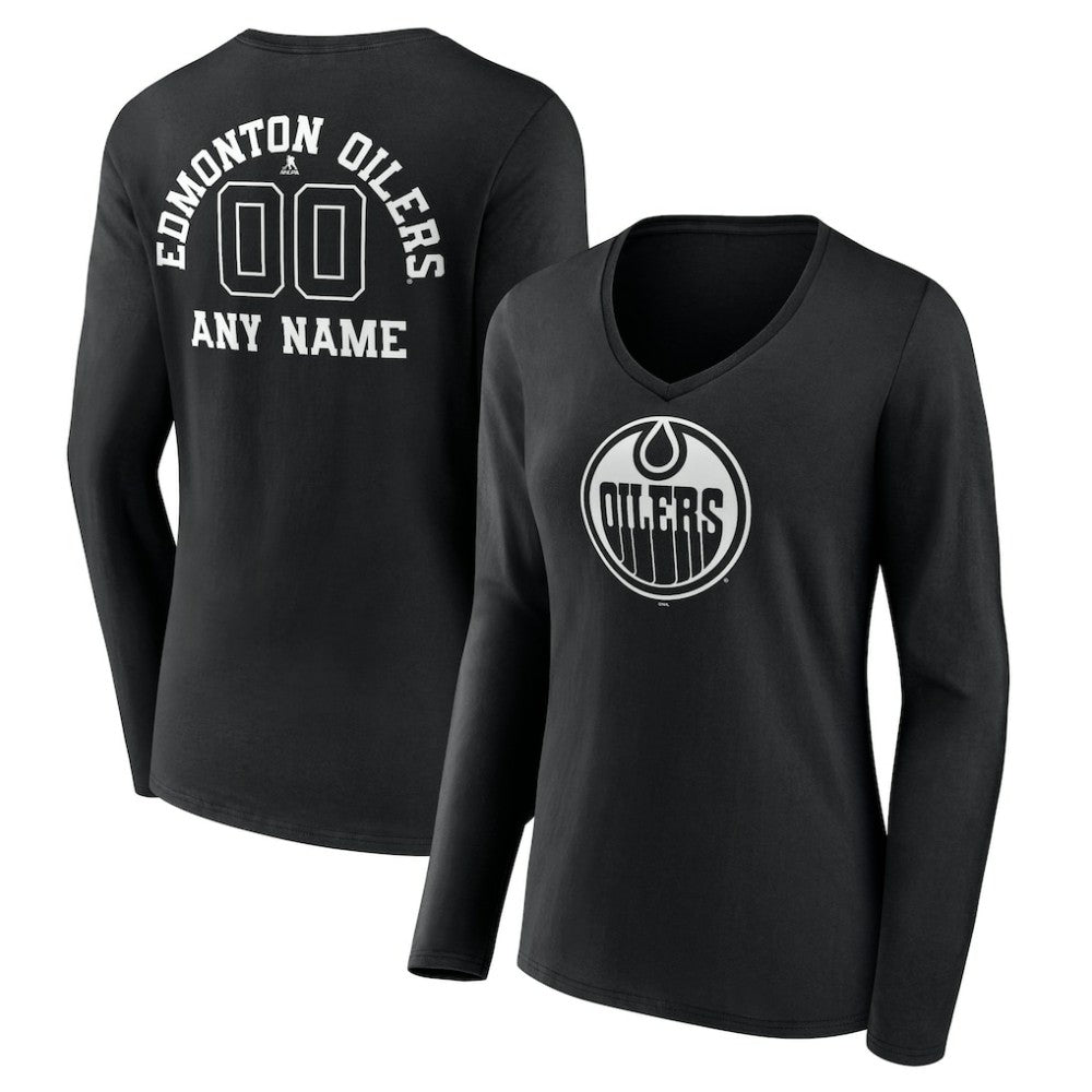 Edmonton Oilers Women's Personalized Name & Number Monochrome Long Sleeve V-Neck T-Shirt - Black - NHL 201281485